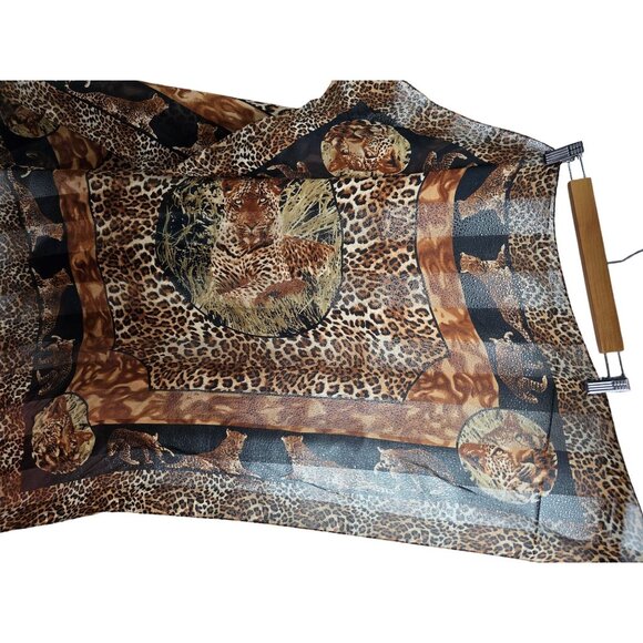 Vintage 90s Into Africa Handmade Leopard Print Sheer Lion & Tiger Square Scarf - Picture 4 of 4
